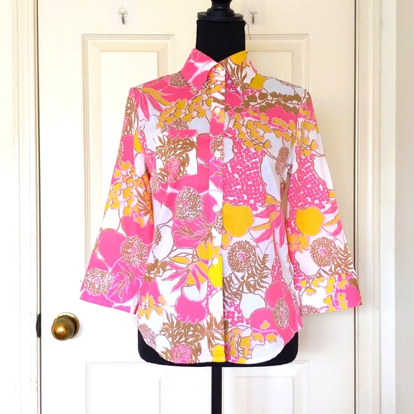 NWOT Express Design Studio 100% Cotton 3/4 Sleeve Color Floral Button Down Shirt - Picture 1 of 4